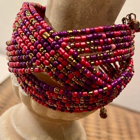 Gorgeous Oversized Boho Beaded Pink Cuff Bracelet - Picture 6 of 11